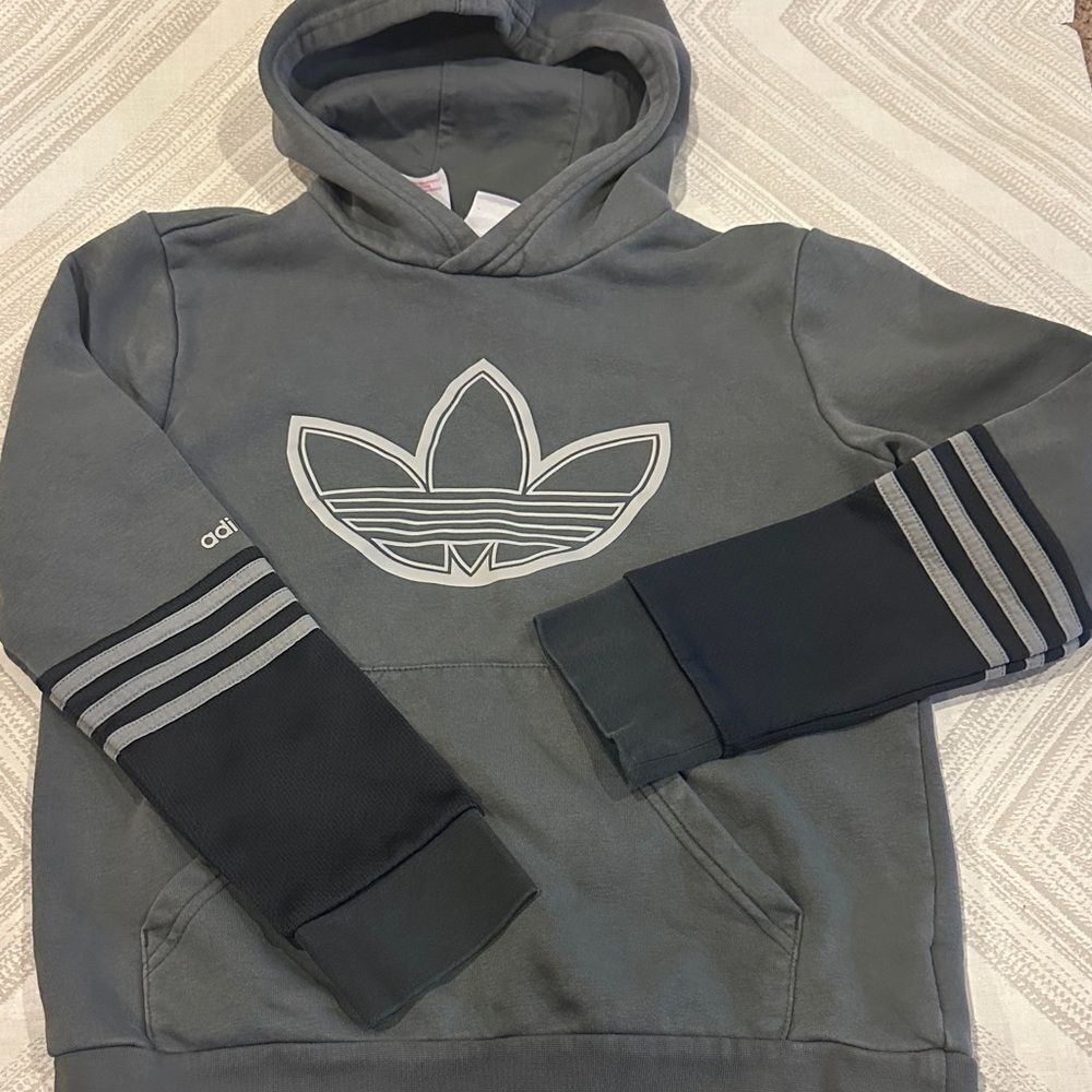 Adidas Gray Kids Hoodie with Logo Striped Sleeves Size M